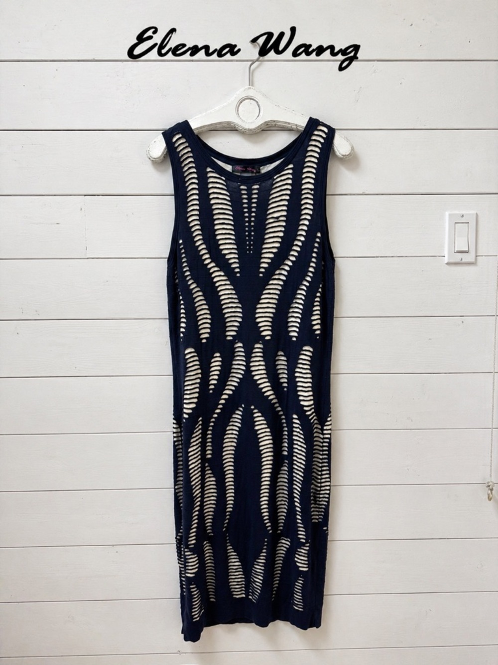 ELENA WANG Navy & White Cut-Out Knit Dress Size L